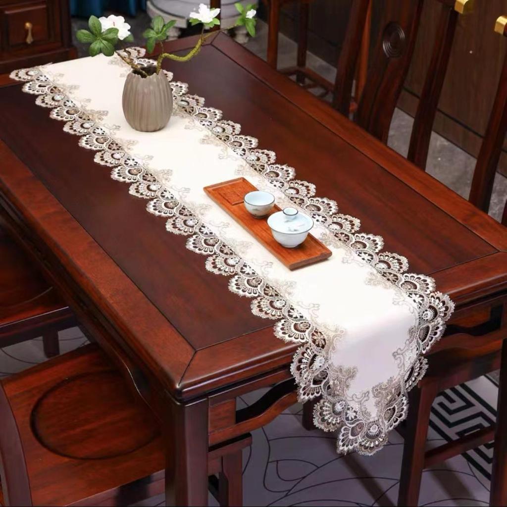 Waterproof & Oil-Proof PU Lace Table Runner - American Light Luxury Design for Dining Table or Shoe Cabinet