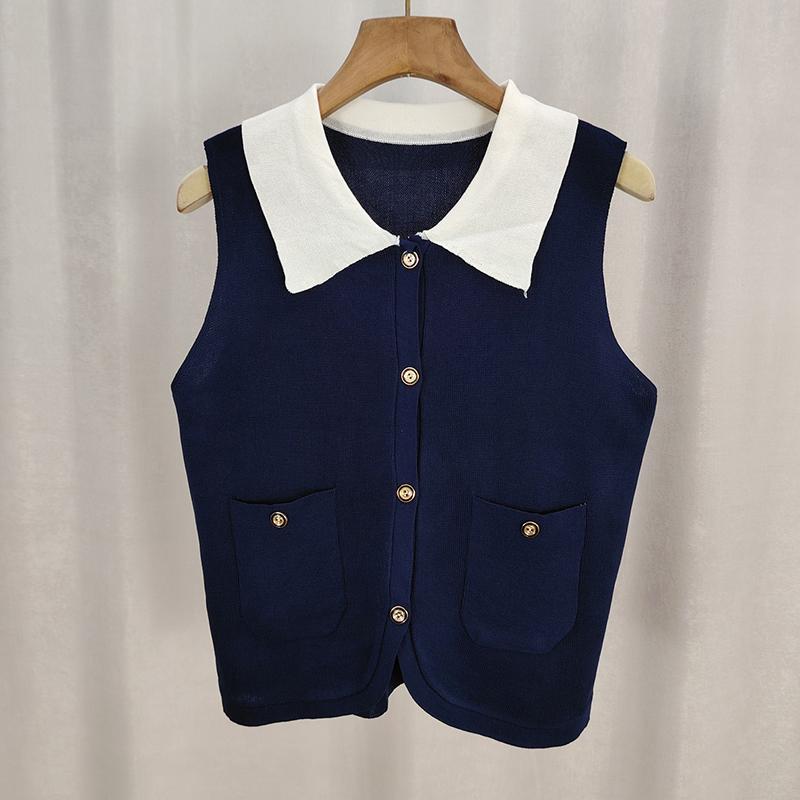 

French Contrast Color Lapel Single-Breasted Sleeveless Casual Knitted Vest For Women one size синий