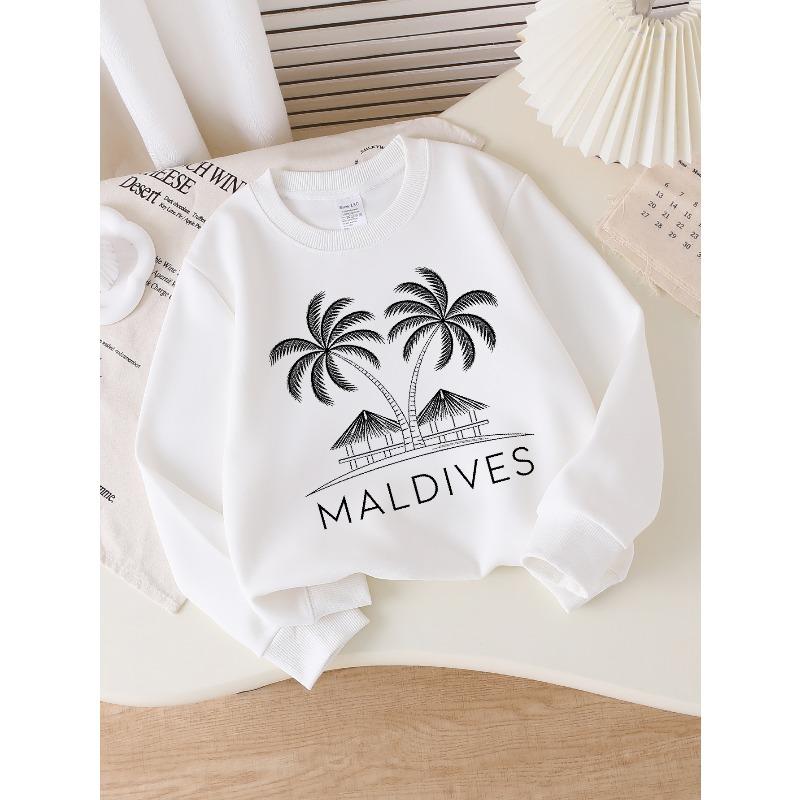 European Sizes Kids' Crewneck Sweatshirt Palm Trees Hut Island Maldives , Sportswear And Casual Wear, Soft And Comfortable, Children's Clothing