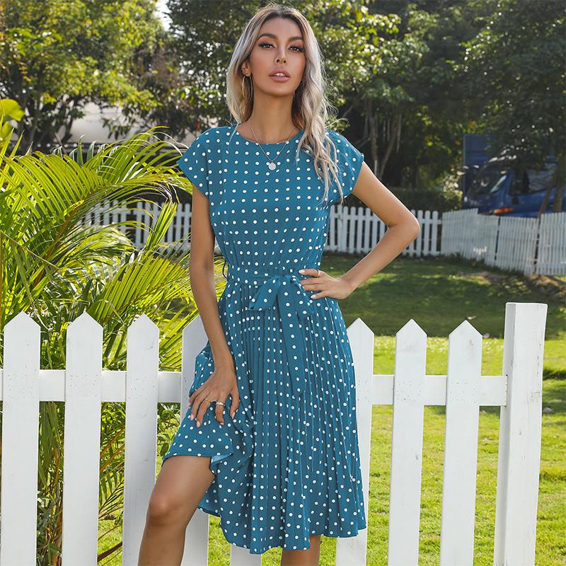 Women's Summer Polka Dot Round Neck Midi Dress with Retro Pleated Skirt