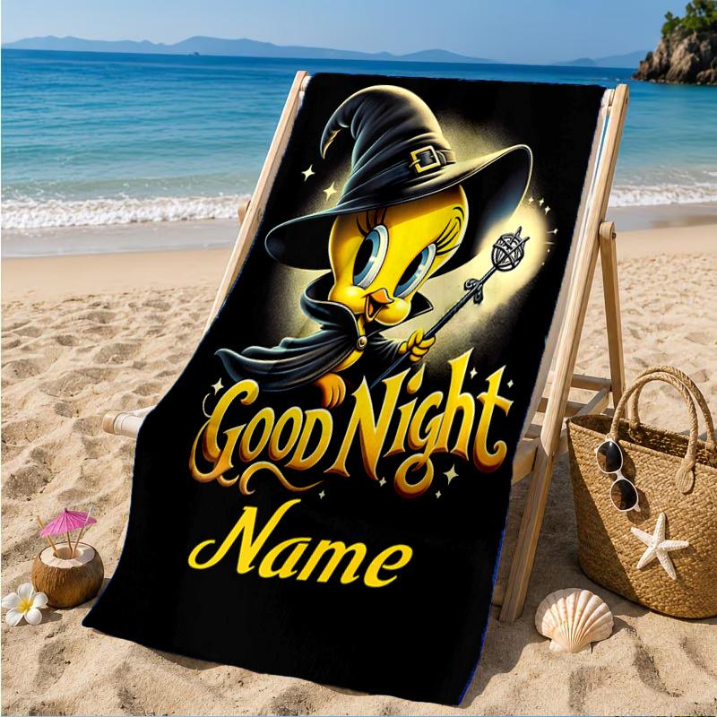 Custom Name Good Night Yellow Bird Heart In Space Adventure Microfiber Beach Towel, Lightweight for Summer Travel, Swimming Pool Fan Gift