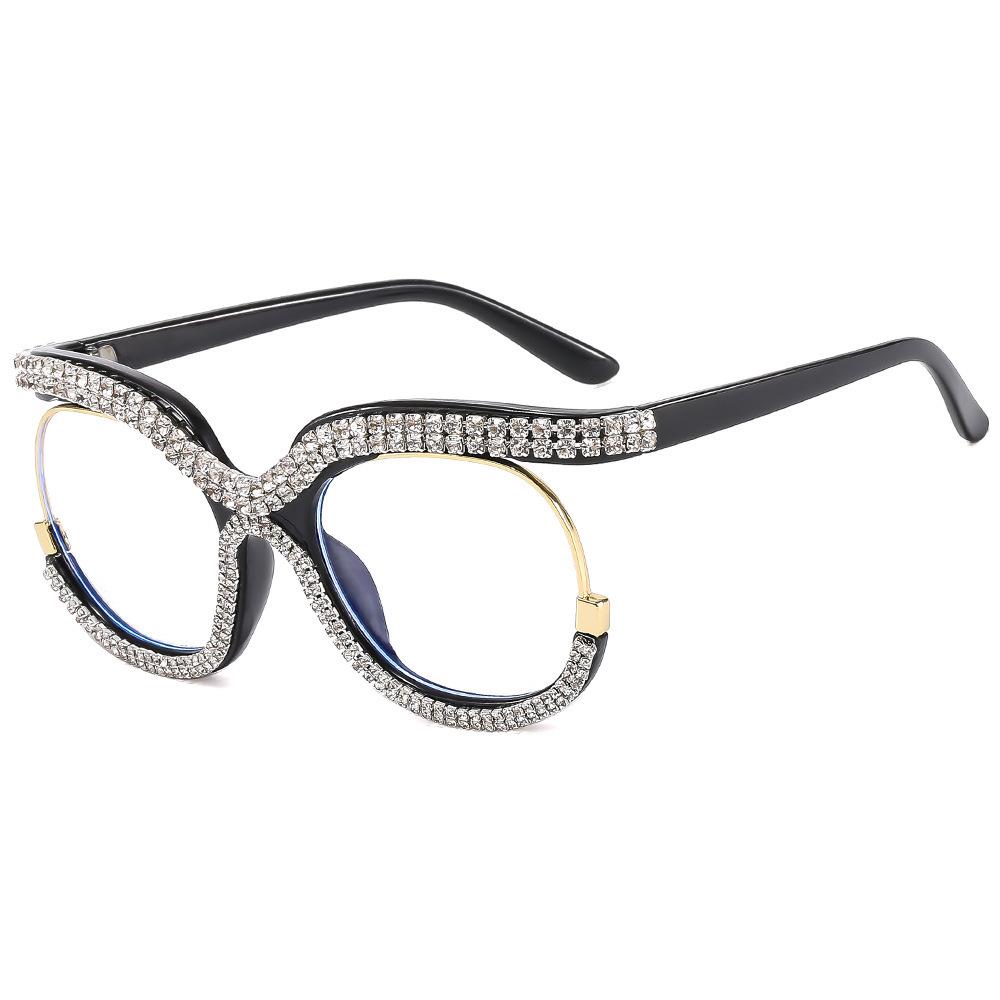 European & American Anti-blue Light Women's Glasses with Clear Lenses and Rhinestone-Inlaid Frame