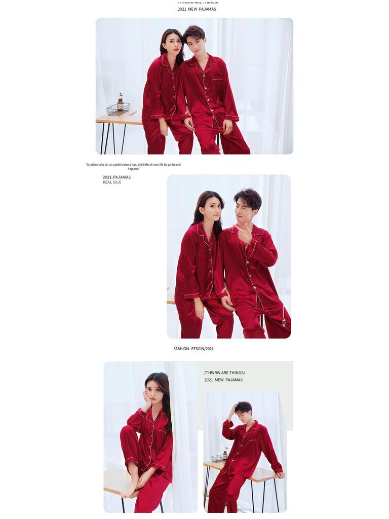 Han Yatong Silk Couple Pajamas Set: Autumn Long Sleeve Cardigan Homewear