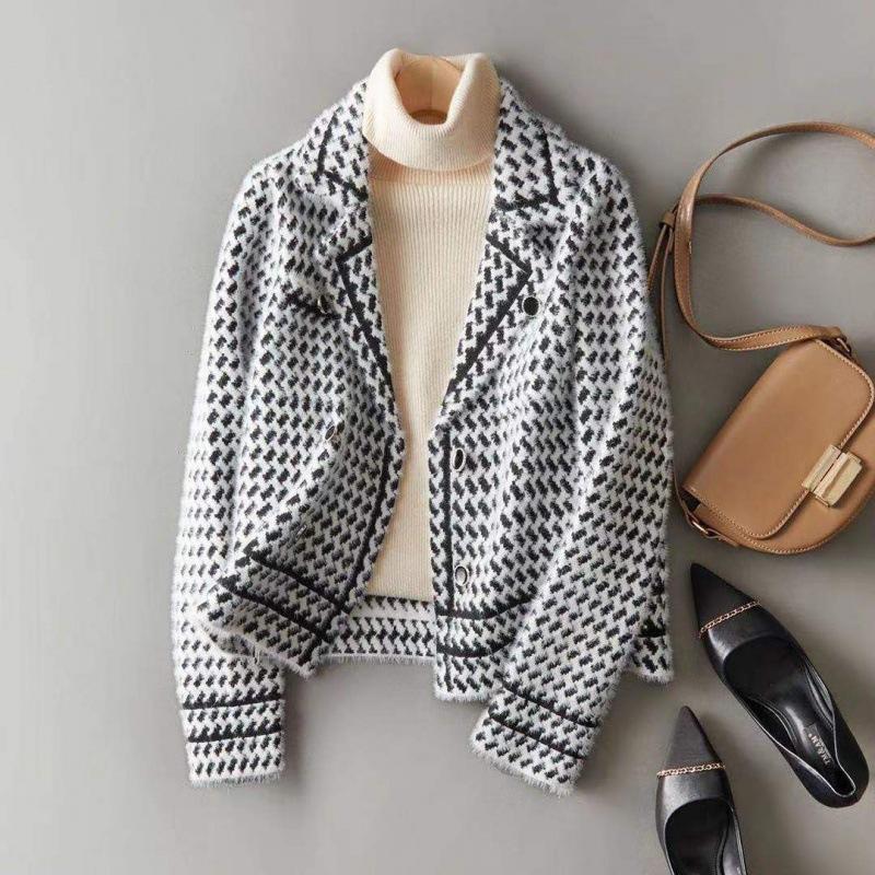 Jackets Women's Autumn Winter Small Fragrance Short Coat Female Style Vintage Houndstooth Knitted Cardigan Outwear Tops