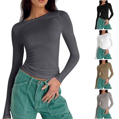 Women's Fashion Solid Colour Round Neck Long Sleeve T-Shirt Top