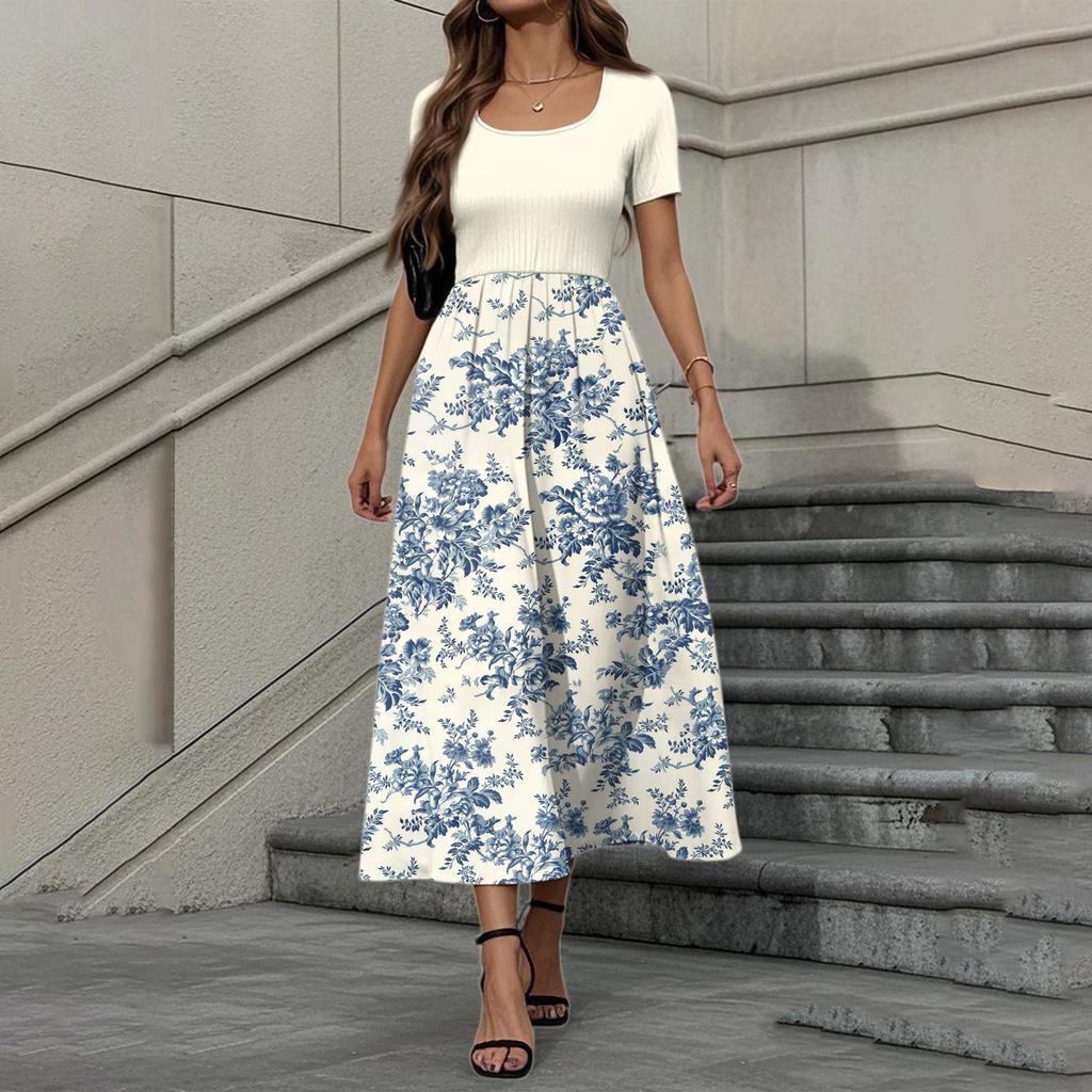 Women's Fashion Casual Short Sleeve Round Neck Splicing Floral Print Elegant Temperament Dress