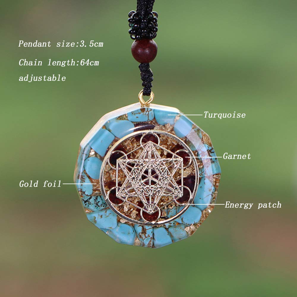 Orgone Metatron Cube Merkaba Pendant Necklace, Om Crystal Stone Orgonite Pendant, Orgonite Chakra Necklace for EMF Protection (Blue, Adjustable Chain)