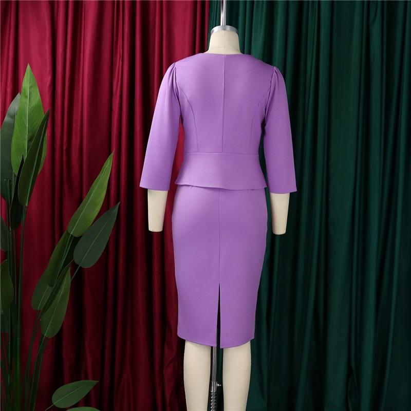 Women's 2Pcs Solid Color Office Suit Peplum Blazer + Pencil Skirt Set