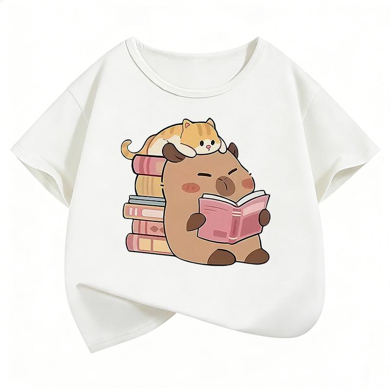 Summer Spring Cute Cat with Capybara Reading Book T Shirts Short Sleeve Kids Children's T-shirt Boys Girls Casual Top Tee Shirt