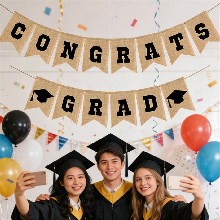 Stylish Graduation Themed Banners Hanging Ornament Linen Fabric Bunting For Party Backdrops Indoor and Outdoor Use