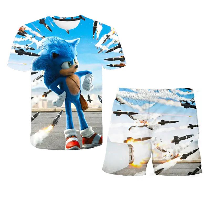 2025 MINISO New boys and girls super sonic Tshirts+shorts  Harajuku Sonic print suit T-shirt + shorts fashion street style children's short sleeves