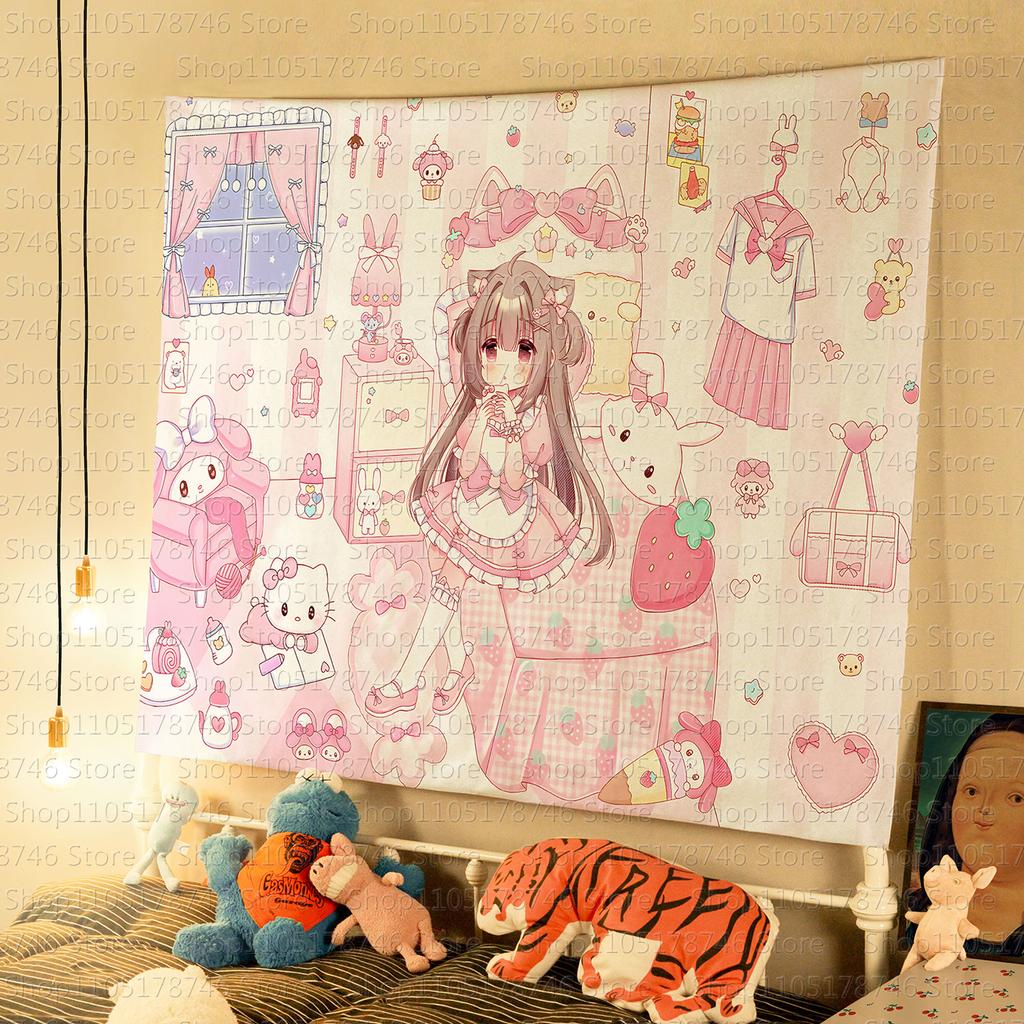 Kawaii Style Girl Hanging Cloth Cartoon Dormitory Bedroom Bedside Tapestry Wall Background Cloth Rental House Decorative Cloth