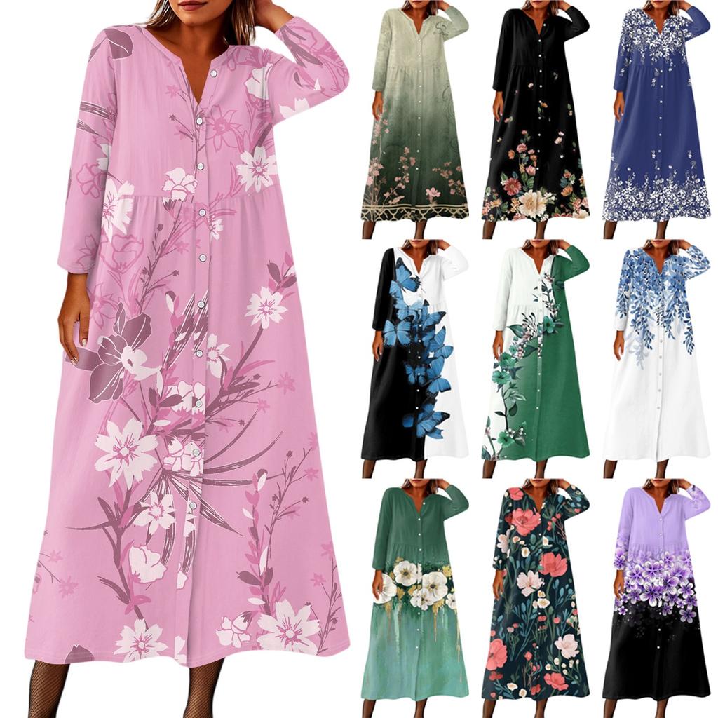 Women's Fashionable Printed Round Neck Seven Quarter Sleeve Button Loose Shirt Dress