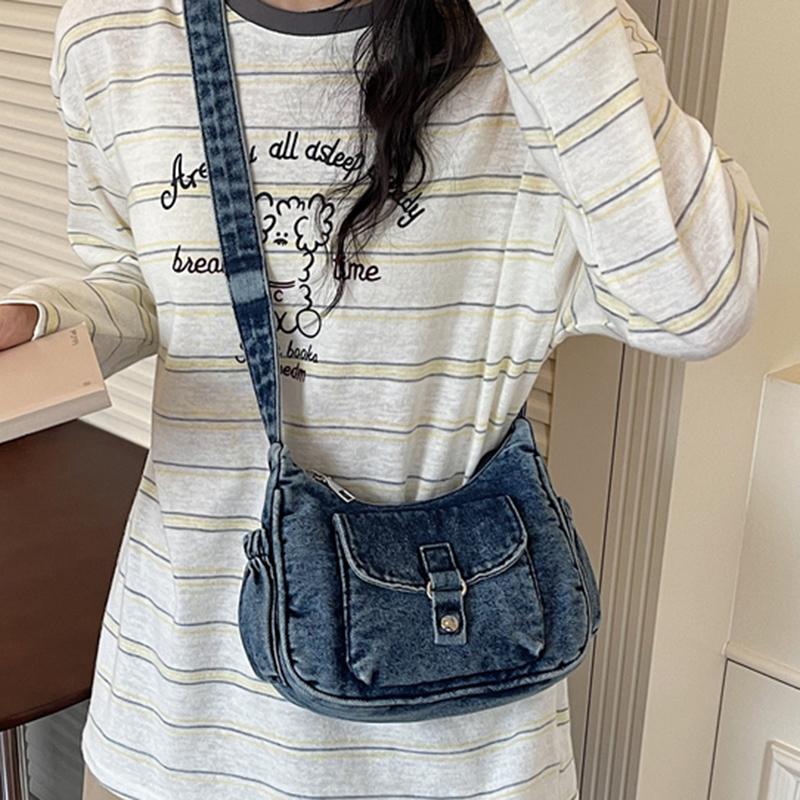 Borsa a tracolla in denim da donna, alla moda, per tutti i giorni, con tasca frontale, stile casual, borsa a mano