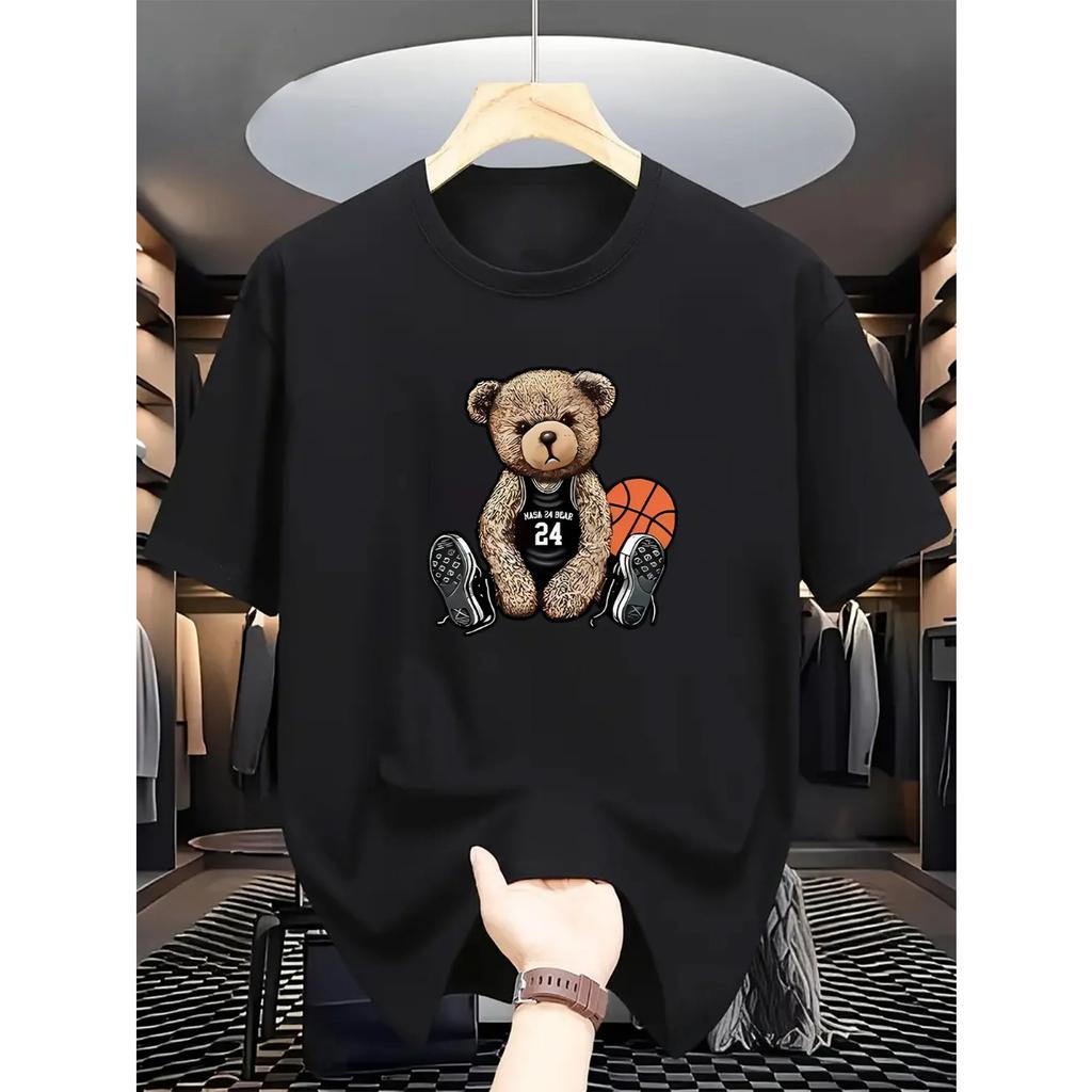 Męska letnia modna koszulka codzienna z czystej bawełny, luźna, w dużym rozmiarze, rekreacyjna, ze sportowym okrągłym dekoltem i krótkim rękawem, z nadrukiem misia