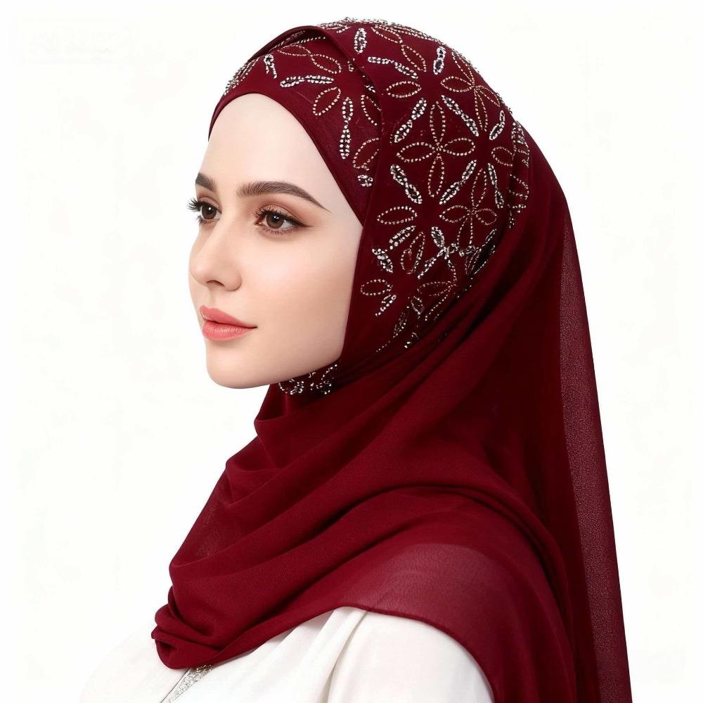 

Solid Color Turbans Head Chiffon Head Wraps New Islamic Crinkle Shawl темно-червоний колір