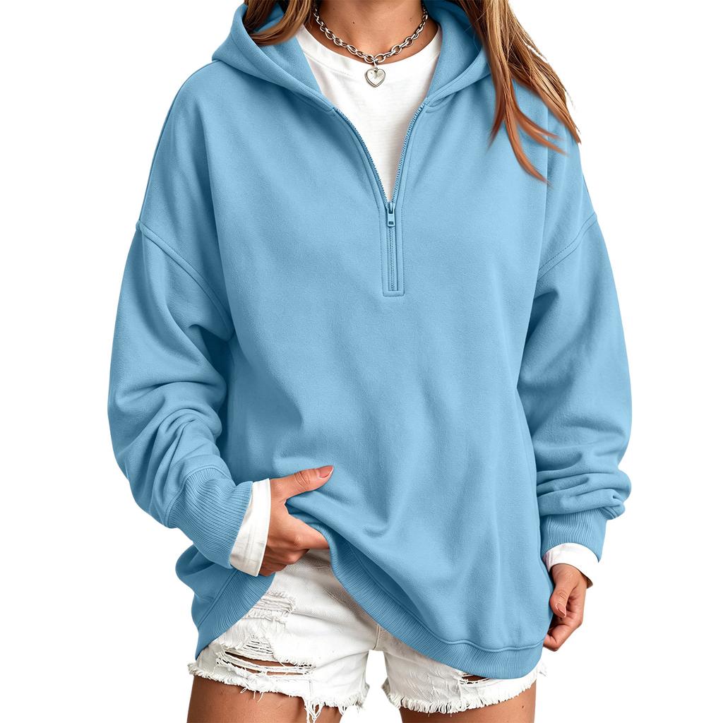 Women's Casual Half-Zip Hooded Pullover Sweatshirt, Color Long Sleeve