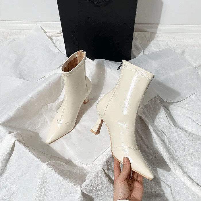 Short boots French slim heel elastic boots for women 2026 versatile soft leather zipper slim boots for women