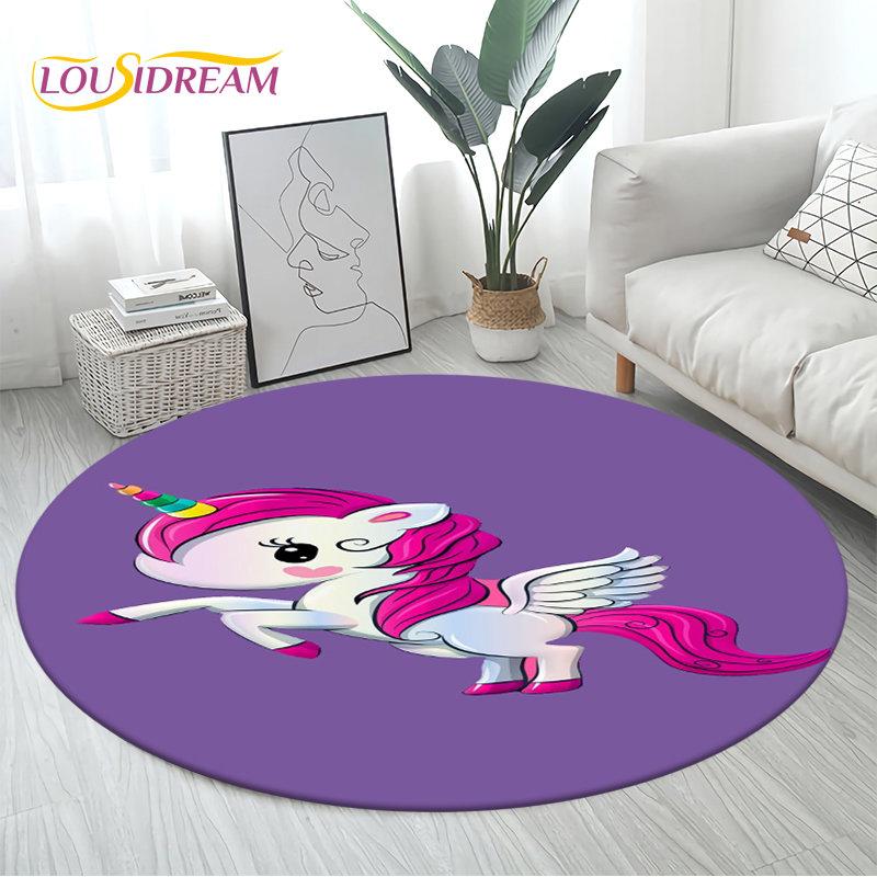 3D Cartoon Cute Unicorn Area Rug Large,Round Carpet Rug for Living Room Bedroom Sofa Decoration,Children Play Non-slip Floor Mat