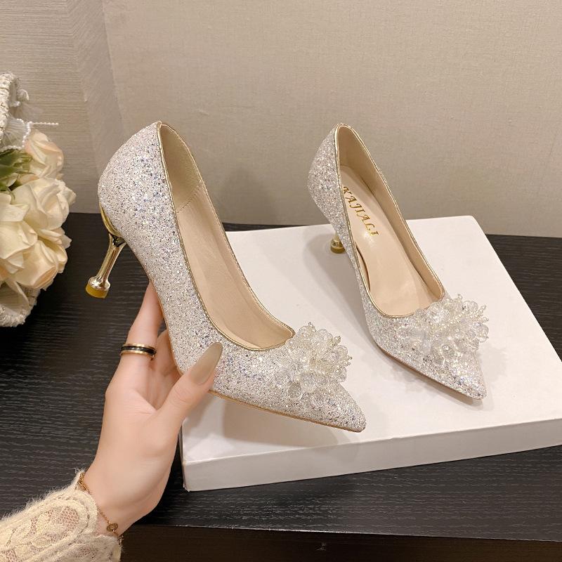 French Wedding Shoes Banquet Elegant High Heels New Temperament Sequined Crystal Shoes Pointed Head Shallow Mouth Stiletto Single Shoes