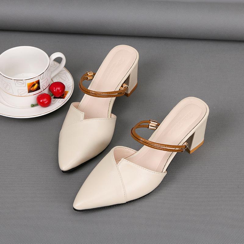 Spring and Summer Footwear Sandal Female Pointed Word with Large Size Comfortable Cool Half-drag Thick Heel Sandal Female.