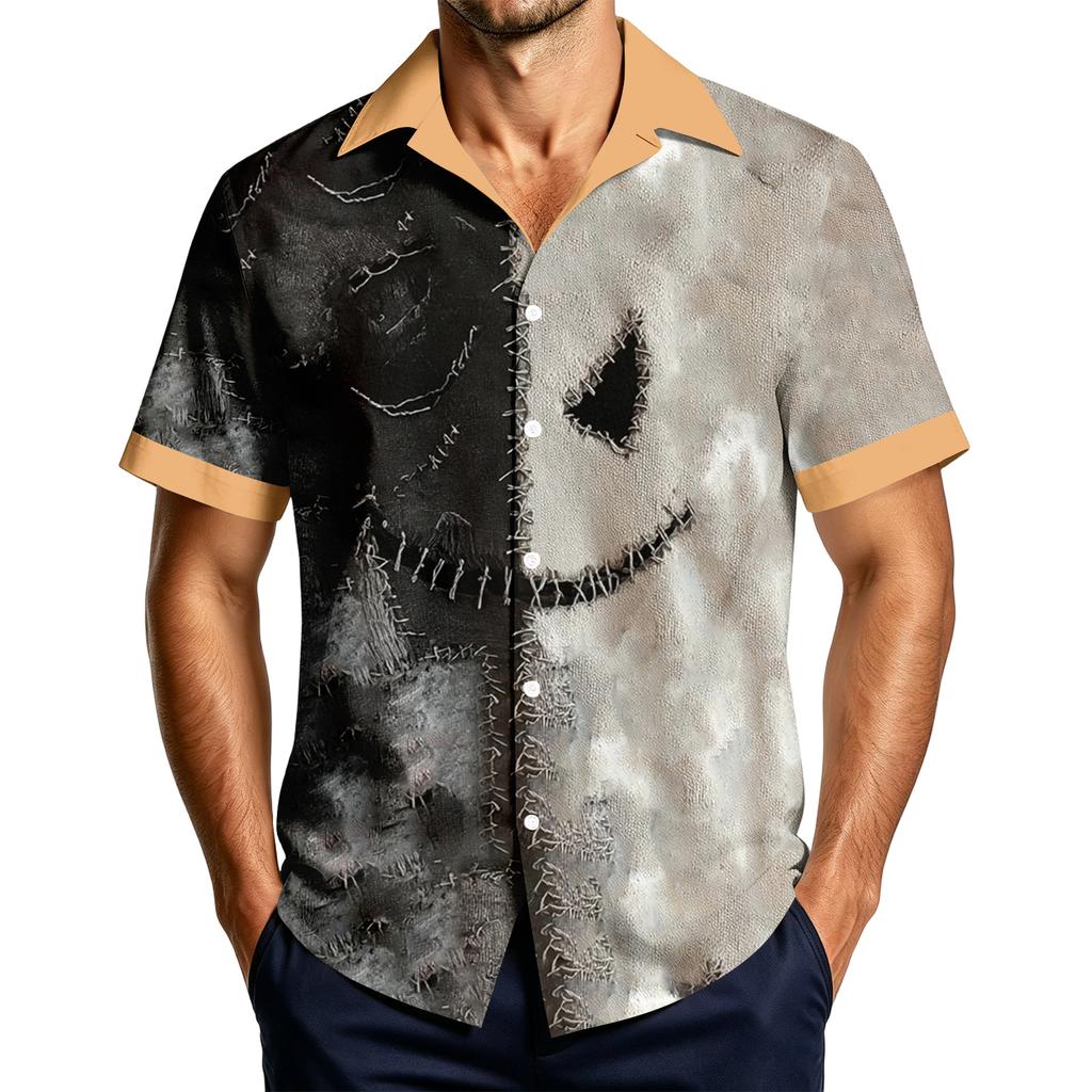 Men's Casual Short Sleeve Halloween Print Shirt for Holiday Party Wear
