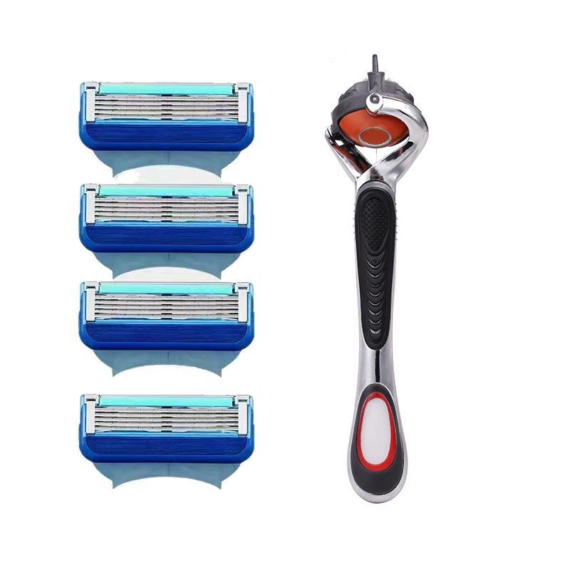 Universal Five-Layer Manual Razor with Shaving Cream, Men's 5-Blade Holder with Orange-Blue Accessories