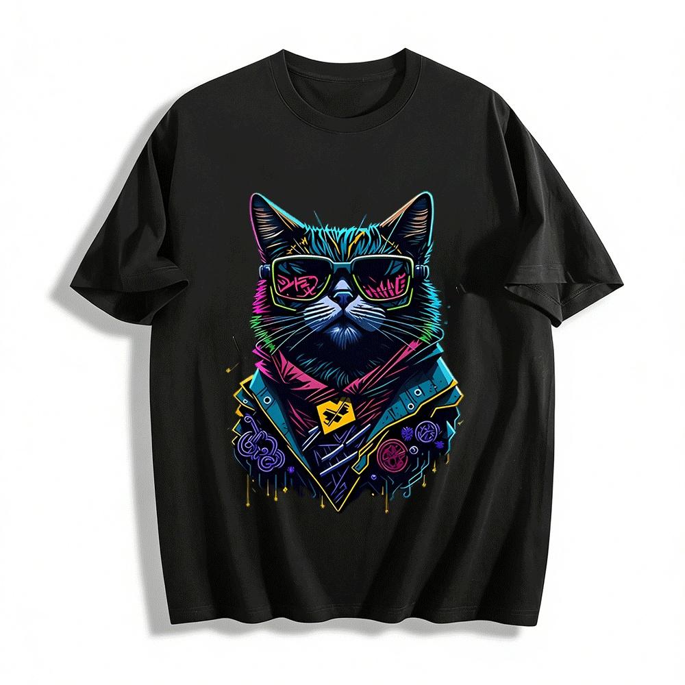 Cyberpunk Cool Sunglasses Cat Print Street Style Casual Top Pure cotton T-shirt XXS