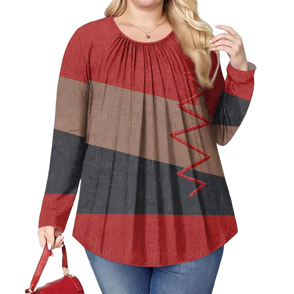 Women's Plus Size Fashion Printed Casual Pleated Round Neck Long Sleeve Top