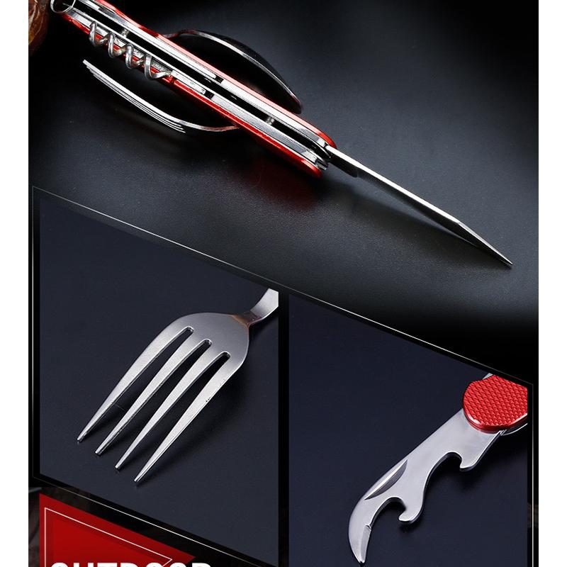 Posate Da Campeggio 6 In 1 Pieghevoli - Coltello, Forchetta, Cucchiaio, Apribottiglie In Acciaio Inox - Foto 9