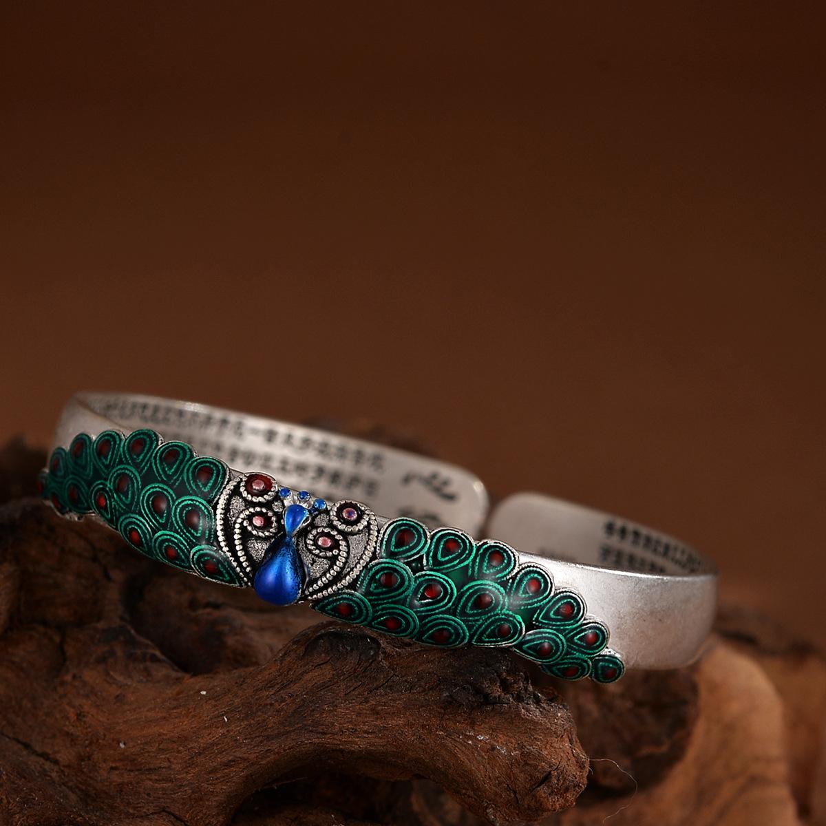 

Эмалированный браслет «Сутра в форме сердца», открытый экран с изображением павлина в стиле ретро, ​​новый браслет с капельным клеем для подарка на день рождения ко Дню святого Валентина