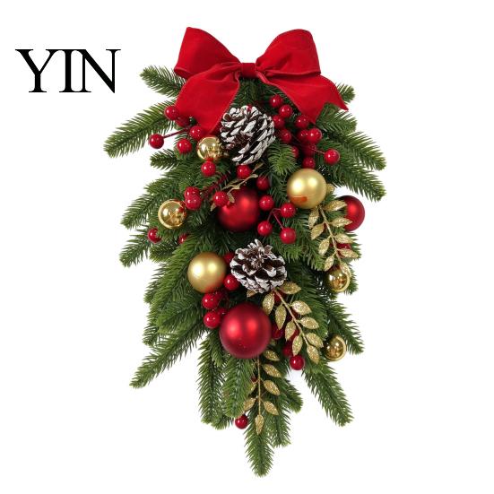 Rustic Pine Cone Red Berry Swag Christmas Teardrop Decoration, Artificial Wreath with Berries Cones Front Door Decoration And Bow for Door,
