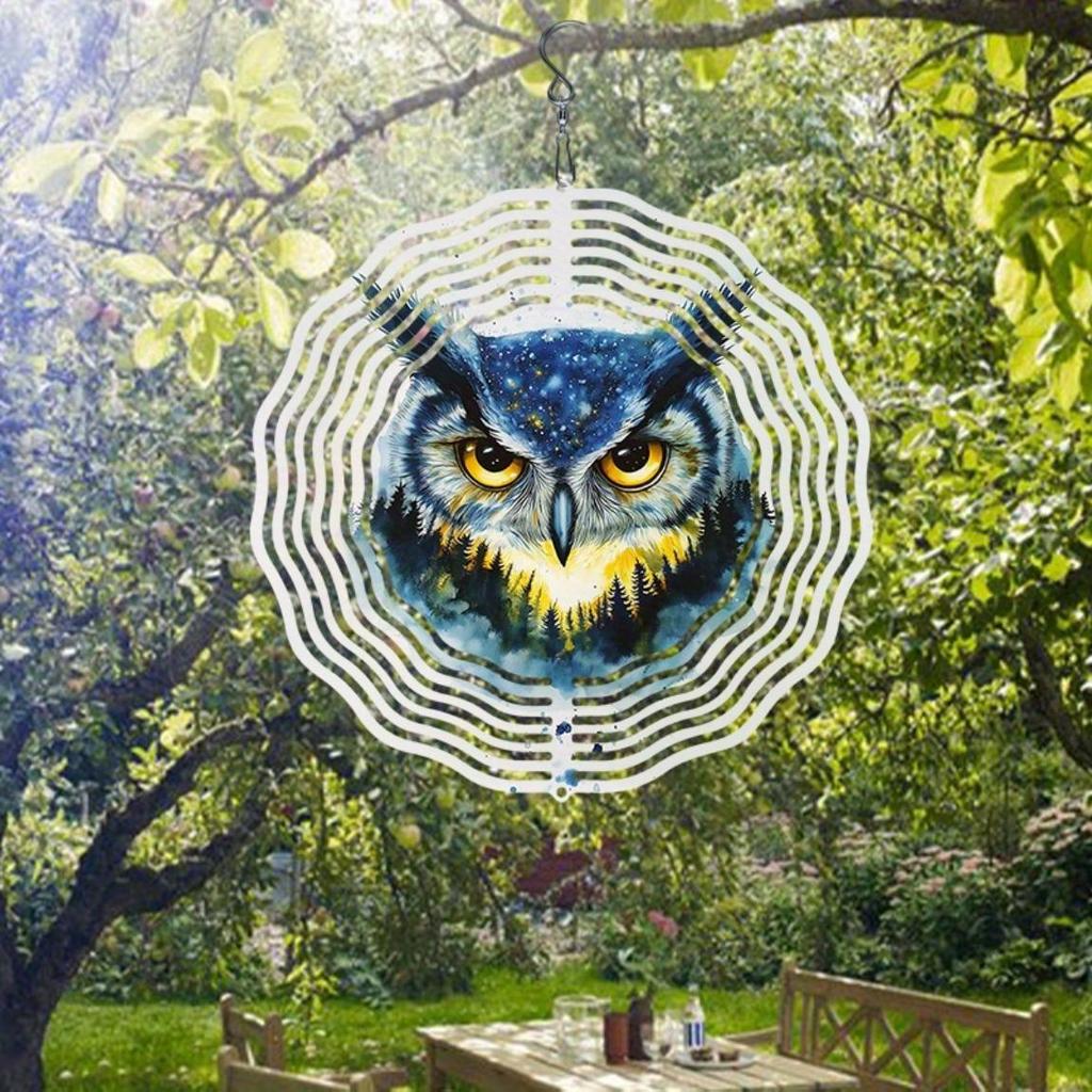 Metal Owl Wind Chime Outdoor Garden Decor with Starry Night Sky Pine Trees Snowflakes Design for Patio Porch Holiday Christmas Decoration