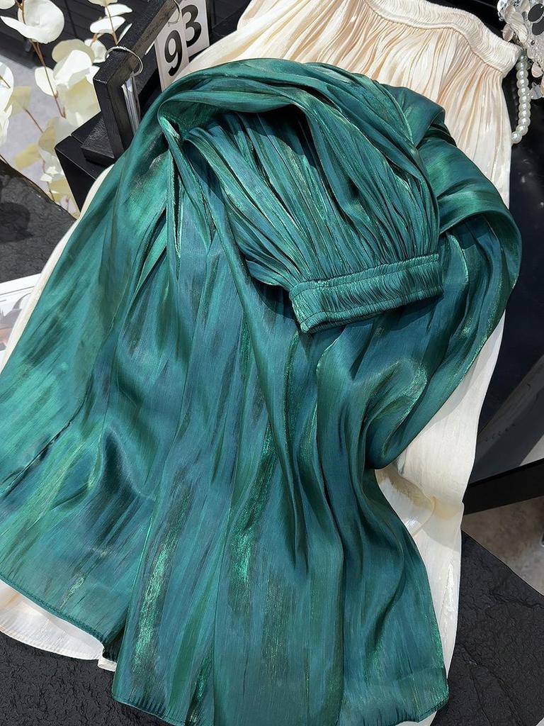 High-Waisted Retro Pleated A-Line Chiffon Skirt with Pearlescent Sheen