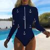 Women Long Sleeve One Piece Swimsuit Zip Front Flowers Print Rash Guard Surfing Bathing Suit