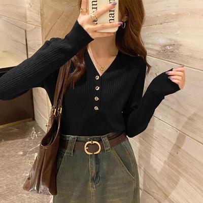Spring and Autumn Slim Short Long Sleeve Bottom Knit Top Design Sense Halterneck Hollow V-neck Sweater Women's Inner Layer