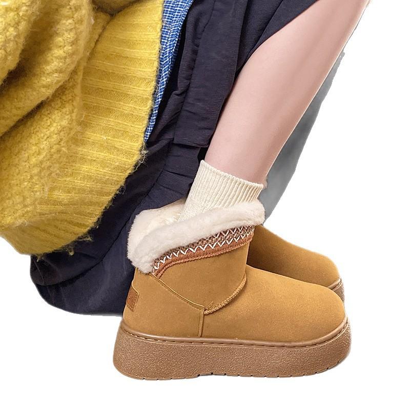 2025 Autumn New Fashion Flip Muffin Thick-soled Snow Boots Women's Korean Version Warm Round Head Sleeve Foreign Trade Women's Cotton Shoes