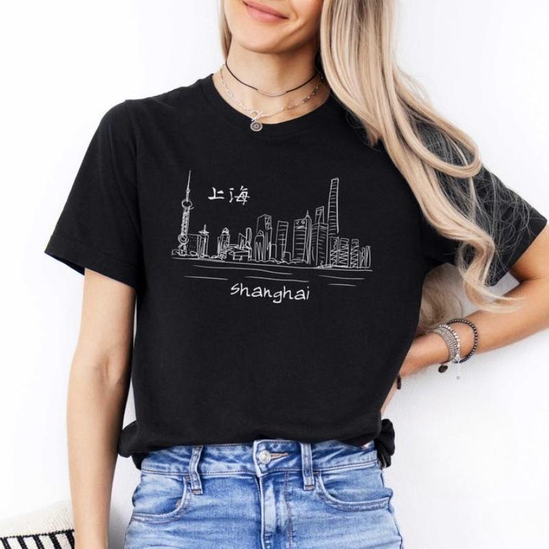

Shanghai Shirt China Skyline Tshirt Unisex Crew Neck Short Sleeve Cotton Top All Seasons Fashion Soft Breathable Outdoors Tee 3XL