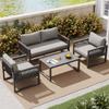 Garden Furniture Set 4-Person: Lounge Sofa Seating Group, Corner Sofa Galvanized Iron, Hand-Woven Rope, Glass Top, Table & Cushions, Grey
