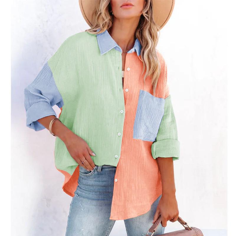 Women's Cotton Linen Color Block Loose Fit Long-sleeved Shirt - Elegant Drop Shoulder Design