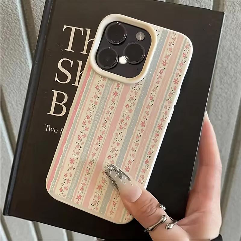 White Floral Blue & Pink Striped Lychee Texture Phone Case For iPhone 17 16 15 14 Plus 13 12 11 Pro Max 17 Air X XR XS Cover