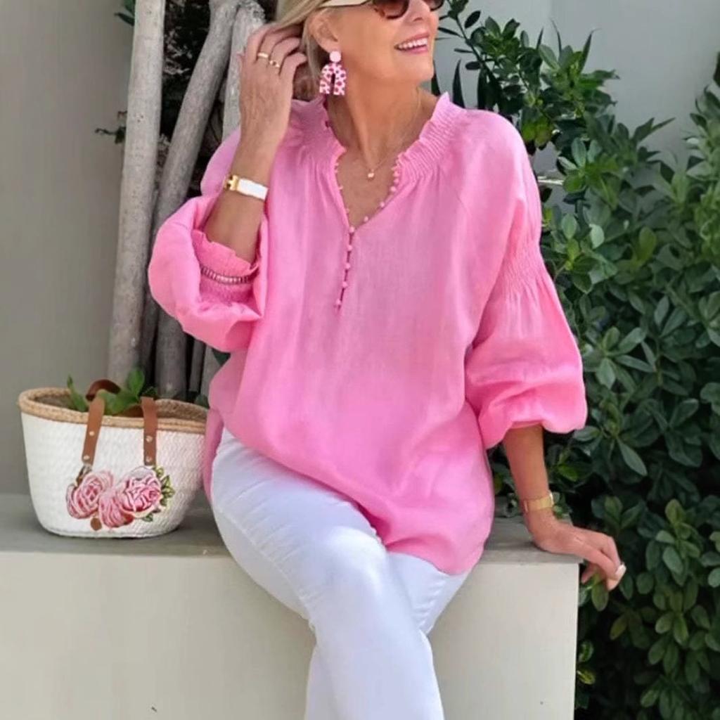 Women’s Polo-neck V-neck Plain Cotton-linen Long-sleeved Casual Top