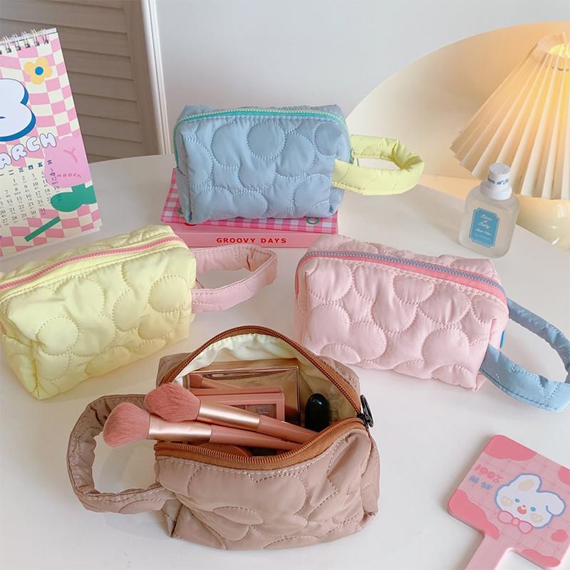 Candy Colors Cosmetic Bag Soft Flannel Cartoon Pattern Fashion Handbag For Women