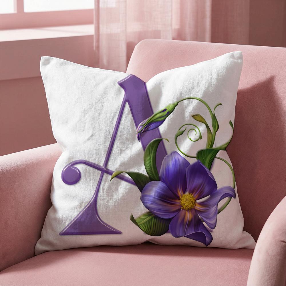 Simple Purple Flower Letters Cushion Cover Multi-Scene Pillow Cover for Home & Car - Reversible, Soft & Durable for Daily Use