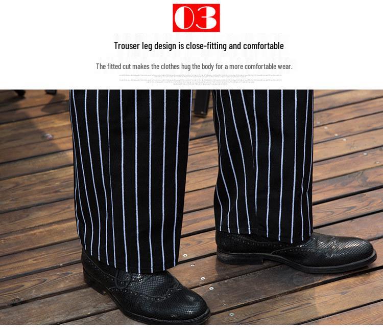 Men's Loose Straight-Leg Cotton Work Pants - Striped Kitchen Waiter Trousers