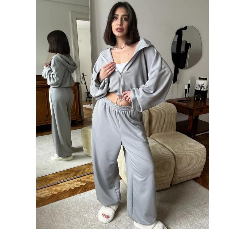 Women's Casual 2-Piece Sports Suit: Solid Color Long-Sleeve Zipper Cardigan with Drawstring Hood + Elastic-Waist Pants