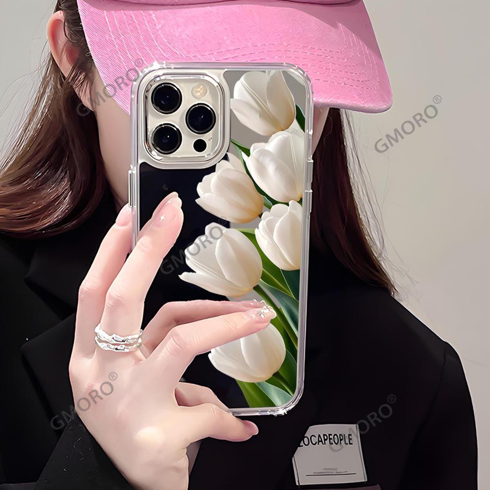 ins wind tulip flower suitable for iphone15 premium mirror mobile phone case 17pro women's makeup mirror