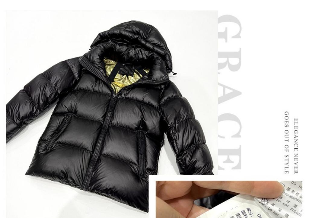 Unisex Shiny Short Down Jacket: Off-Season Duck Down, Thick, Loose Fit, Black & Gold, Korean Style, Plus Size