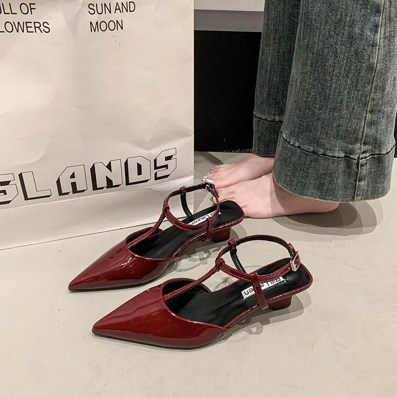 High-heeled Single Shoes Spring and Summer New Shoes Patent Leather Pointed Hollow Bright Leather T-word with Wedge Heel Sandals Women