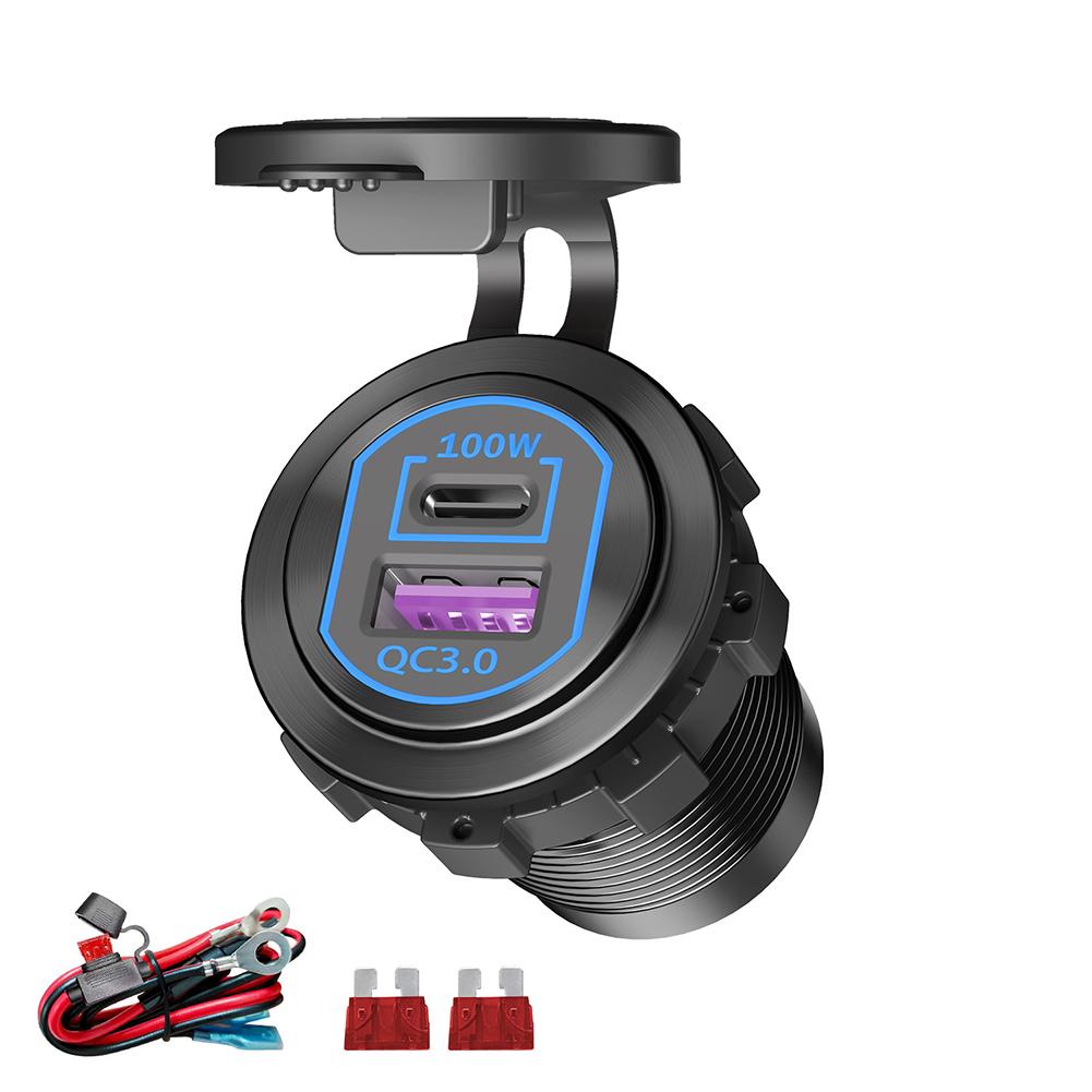 118W 12V USB Outlet Car Charger 100W PD3.0 & 18W QC3.0 Car USB Fast Charging Ports Aluminum Socket for Car RV Marine Cart